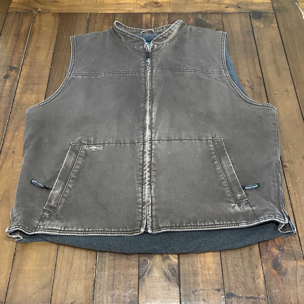 VTG Arborwear Mens 2XL Brown Canvas Fleece Lined‎ Work Vest Full Zip Side Vents